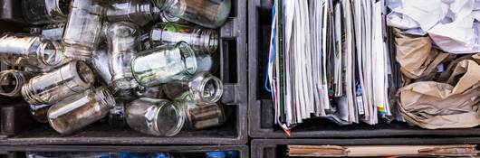 Boxes with Separate collection of waste for recycling to become recycled content.